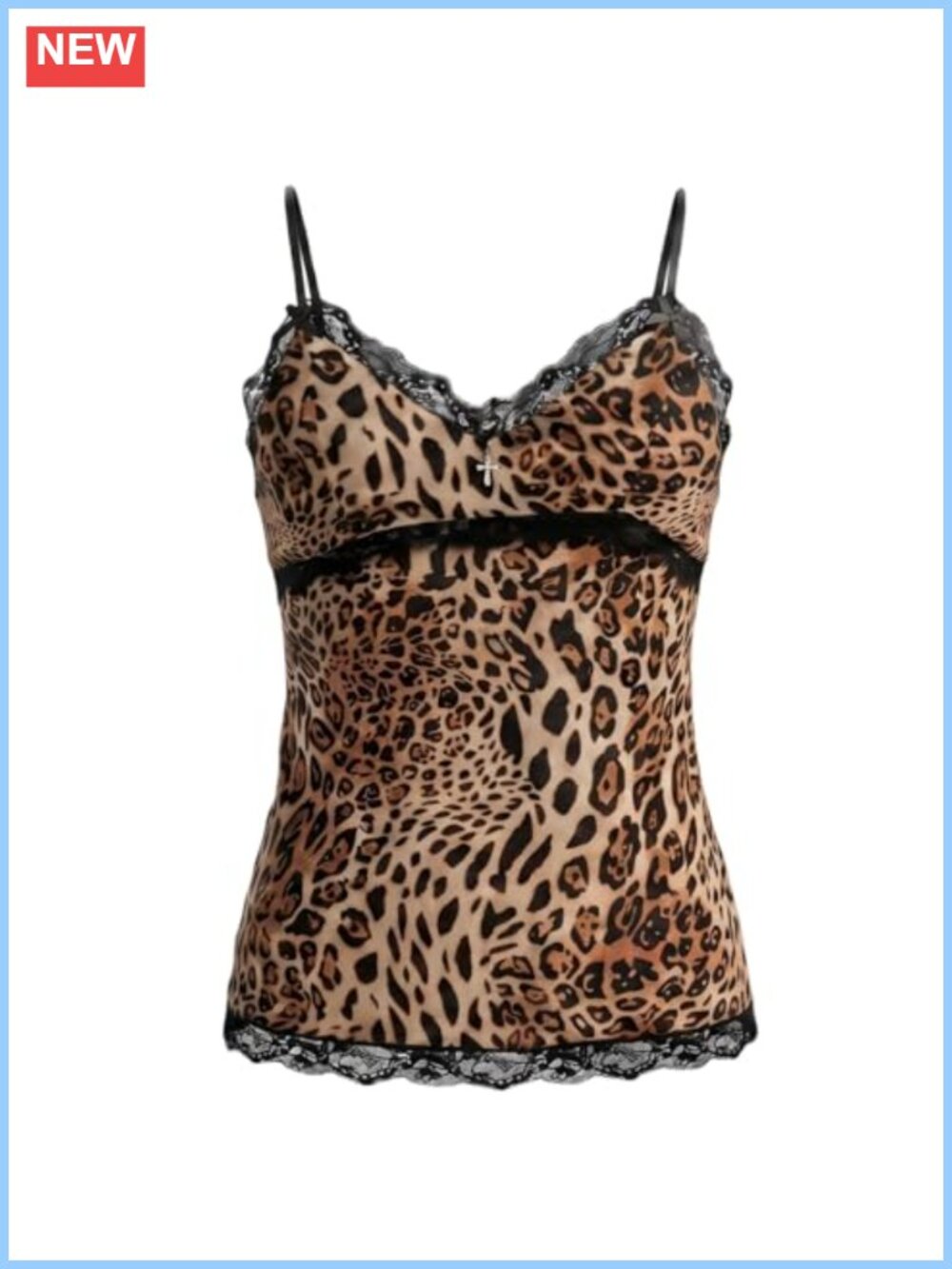 Leopard Print Lace Trim V-Neck Camisole Tank Top Sleeveless Slim Fit